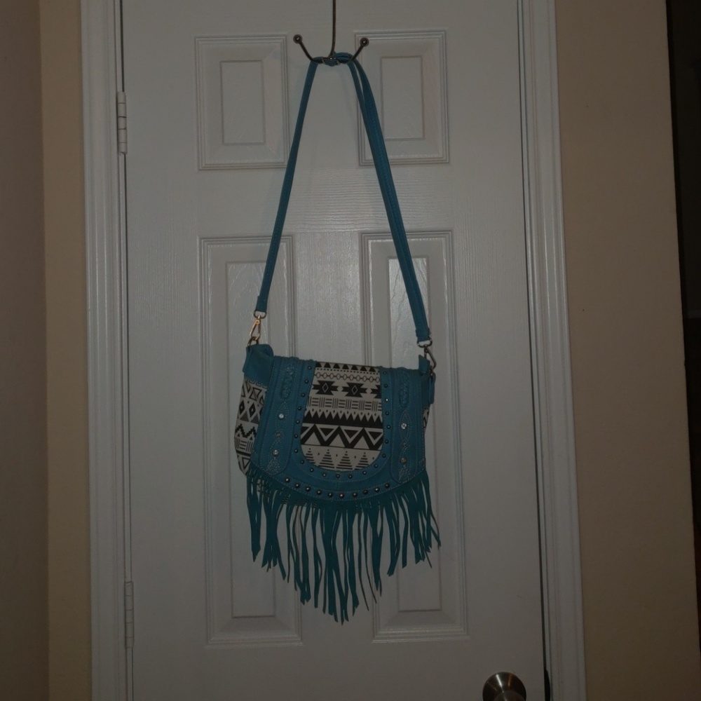Large Aztec fringe long strap crossbody purse